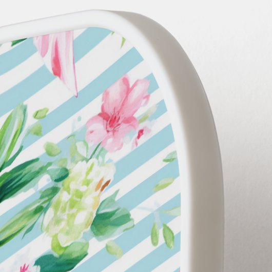 Raquette De Pickleball Preppy Coquette Rose Bows Blue Stripe Monogramme (Détail gauche)