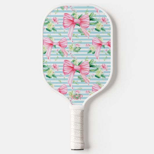 Raquette De Pickleball Preppy Coquette Rose Bows Blue Stripe Monogramme (Recto)