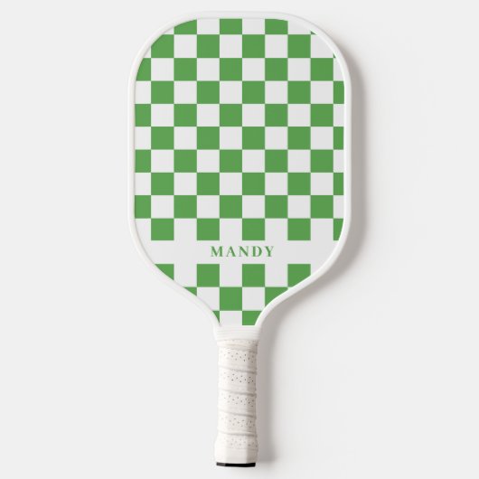 Raquette De Pickleball Preppy Green and White Checkerboard Custom Name (Verso)