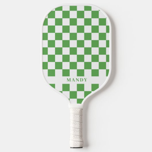 Raquette De Pickleball Preppy Green and White Checkerboard Custom Name (Recto)