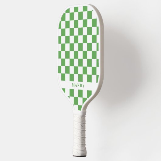 Raquette De Pickleball Preppy Green and White Checkerboard Custom Name (Gauche)