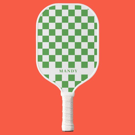 Raquette De Pickleball Preppy Green and White Checkerboard Custom Name