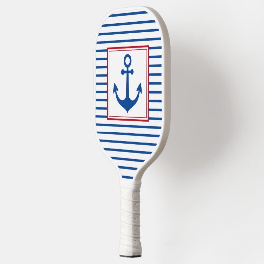 Raquette De Pickleball Preppy Nautical Stripes et Ancre Personnalisé (Gauche)