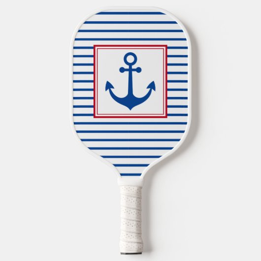 Raquette De Pickleball Preppy Nautical Stripes et Ancre Personnalisé (Recto)