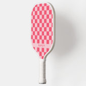 Raquette De Pickleball Pretty Pink Chic Checkerboard Custom Name (Gauche)