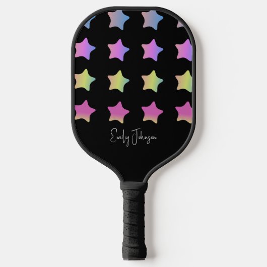 Raquette De Pickleball Rainbow Stars Dégradé Noir Nom du script (Recto)
