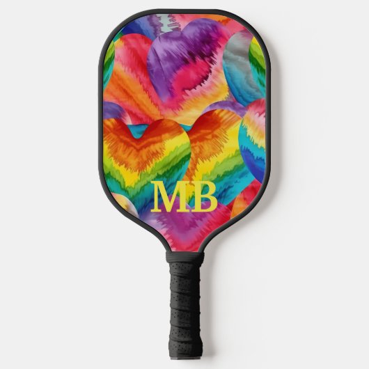 Raquette De Pickleball Rainbow Tie Dye Hearts Monogramme (Recto)