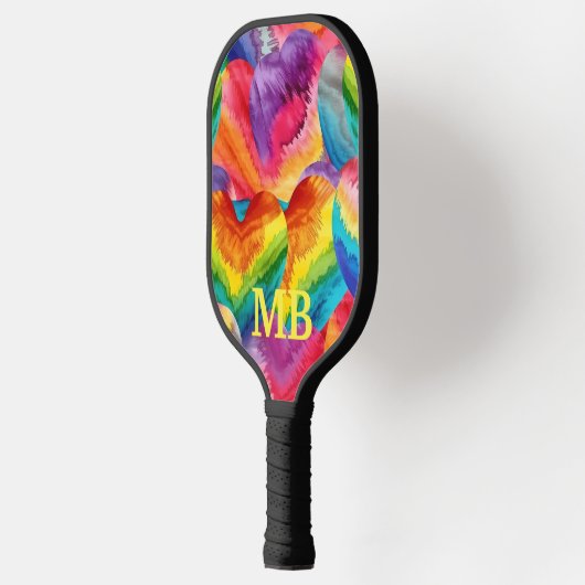 Raquette De Pickleball Rainbow Tie Dye Hearts Monogramme (Gauche)