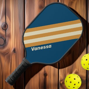 Raquette De Pickleball Rayures rétro bleues ondulées avec nom