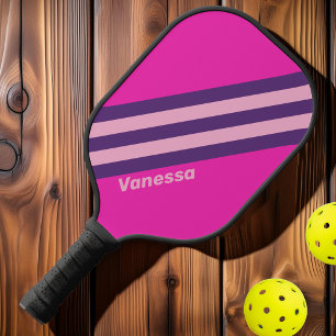 Raquette De Pickleball Rayures Rétro Rose Ciel avec Nom