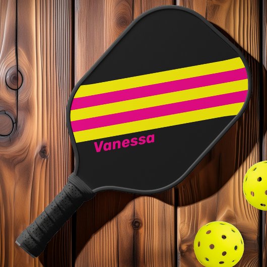 Raquette De Pickleball Rayures rétro Sun Glow avec nom