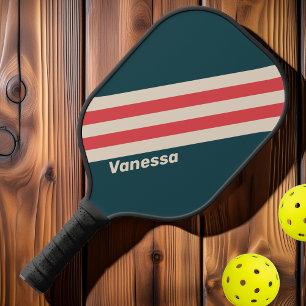 Raquette De Pickleball Rayures Rétro Vibe Sarcelle avec Nom