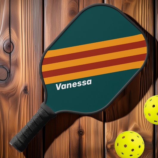 Raquette De Pickleball Rayures Splash sarcelle foncé rétro avec nom