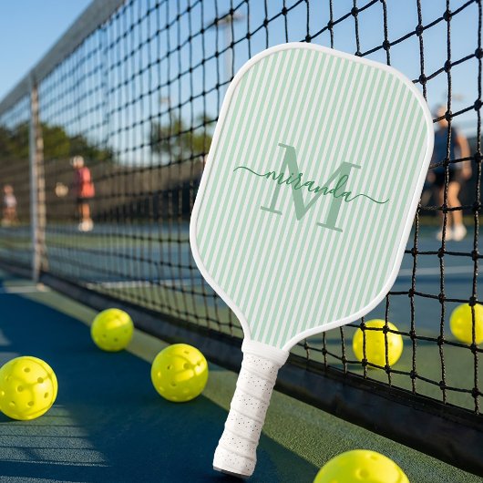 Raquette De Pickleball Rayures Vertes Monogramme Nom
