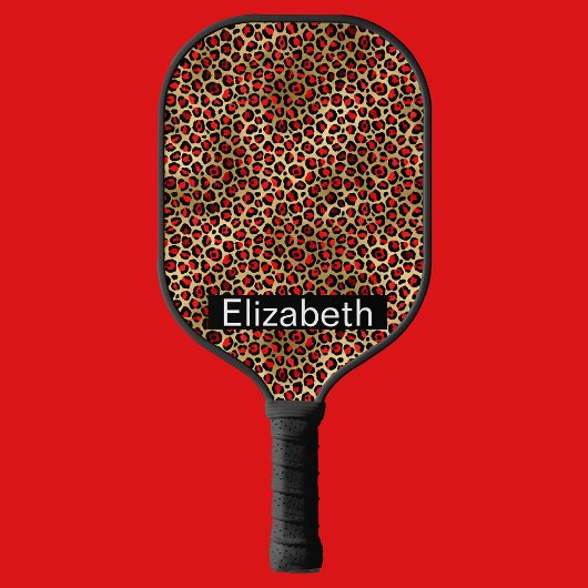 Raquette De Pickleball Red and Gold Leopard Print Personalized