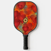 Raquette De Pickleball Red Crazy Hearts sur Turquoise et Monogram Initial (Recto)