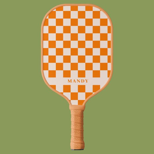 Raquette De Pickleball Retro Boho Orange Damier Nom Personnalisé