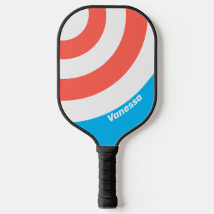 Raquette De Pickleball Rétro Cercle Rayé Bleu Ciel Clair avec Nom