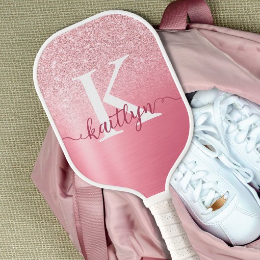 Raquette De Pickleball Rose Chic Parties scintillant or Monogramme Nom du