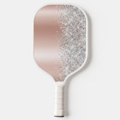 Raquette De Pickleball Rose Gold et Glittery Glam Script Nom en Argent (Verso)