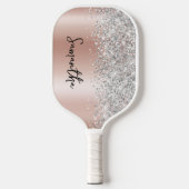 Raquette De Pickleball Rose Gold et Glittery Glam Script Nom en Argent (Recto)