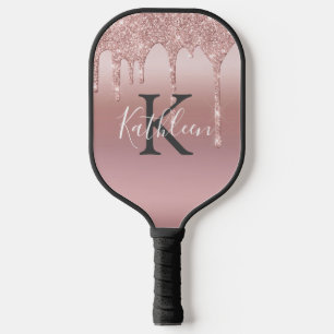 Raquette De Pickleball Rose Gold Monogram Pink Blush Pailleté 