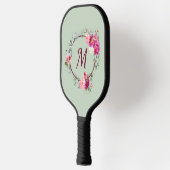 Raquette De Pickleball Rose + Vert Aquarelle Florale Monogramme initial (Gauche)