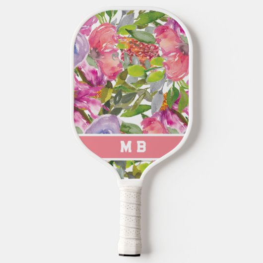 Raquette De Pickleball Rose violet Aquarelle Fleurs Feuilles Monogramme (Verso)