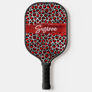 Raquette De Pickleball Rouge Argent et Noir Coup de Pinceau Léopard en Fe