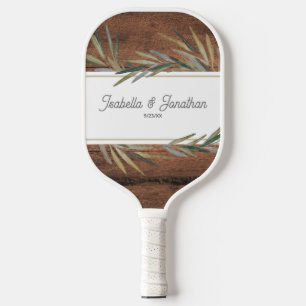 Raquette De Pickleball Rustic Wood Grain Wedding Couple Name Date Custom