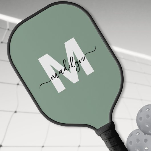 Raquette De Pickleball Sage personnalisé Vert Nom moderne Monogramme