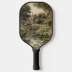Raquette De Pickleball Scène botanique de cygnes dans un jardin anglais