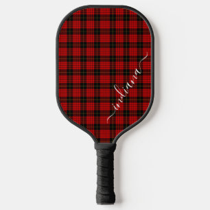 Raquette De Pickleball Script Tartan Personnalisé Carreaux Rustique Rouge