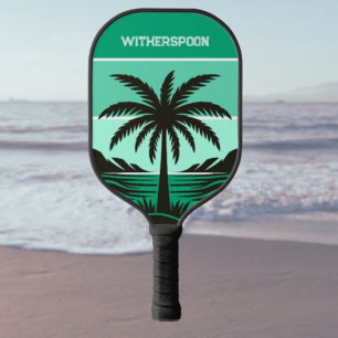 Raquette De Pickleball Silhouette de palmier, monogramme tropical vert