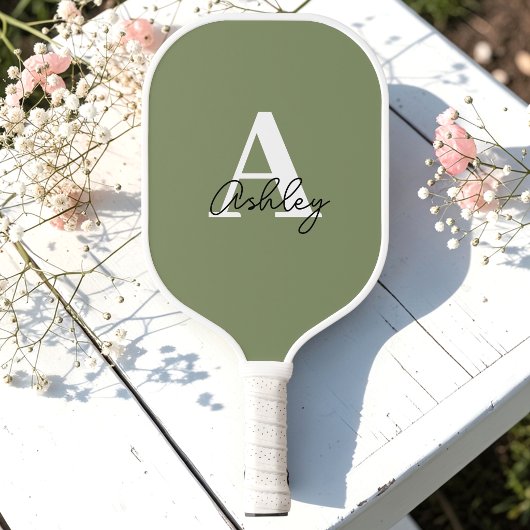 Raquette De Pickleball Simple Monogramme Initiales Vert Sauge