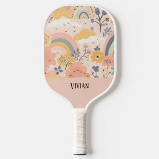 Raquette De Pickleball Soft Peach Whimsy Boho Rainbow Floral Personnalisé