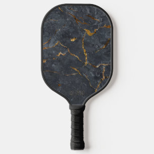 Raquette De Pickleball Texture de luxe en marbre noir et or Monogramme