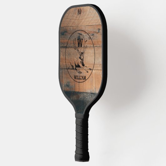 Raquette De Pickleball Texture en bois rustique et monogramme de cerfs su (Gauche)