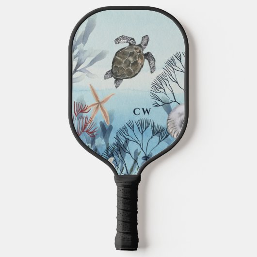 Raquette De Pickleball Tortue de l'océan de plage Monogramme (Verso)