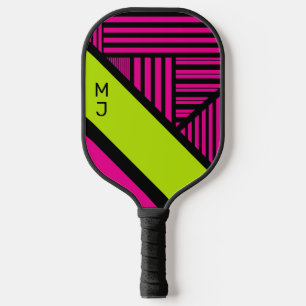 Raquette De Pickleball Triangle rayures en vert citron, rose chaud et noi