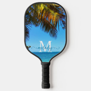 Raquette De Pickleball Tropical Palm Beach Photo Monogramme Nom du script