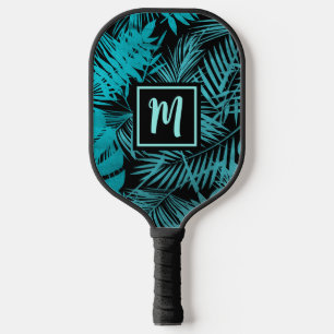 Raquette De Pickleball Turquoise Bleu Tropical Monogramme Feuille de palm