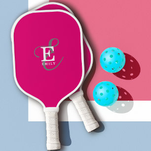Raquette De Pickleball Typographie Monogramme Unique Et Élégante Rose Cha