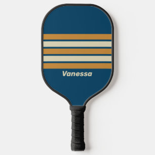 Raquette De Pickleball Vague Bleue Rétro sur Rayures avec Nom