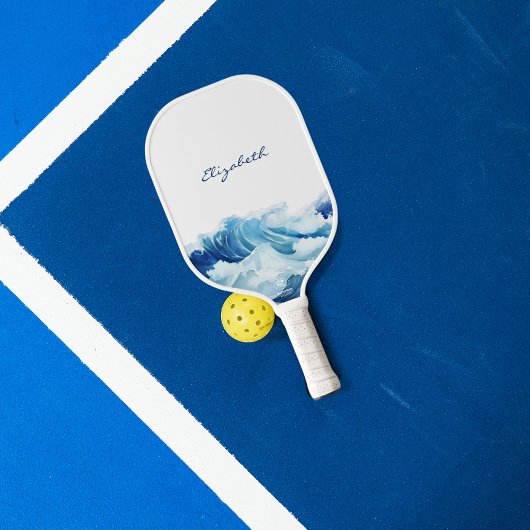 Raquette De Pickleball Vagues océaniques nom écriture bleue
