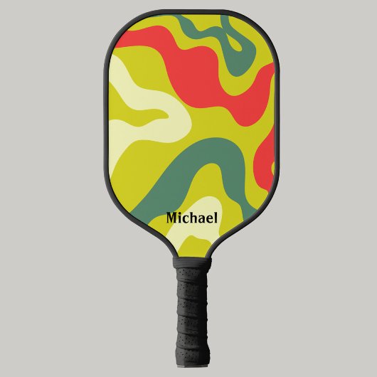 Raquette De Pickleball Vagues rétro vertes et rouges Monogramme moderne
