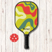 Raquette De Pickleball Vagues rétro vertes et rouges Monogramme moderne