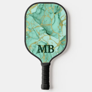 Raquette De Pickleball Vert Menthe Or Encre Alcoholique Marbre Monogramme
