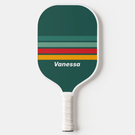 Raquette De Pickleball Vert sur fond rayé avec nom (Recto)
