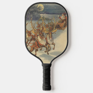 Raquette De Pickleball Vintage Noël Père Noël Sleigh avec Reindeer
